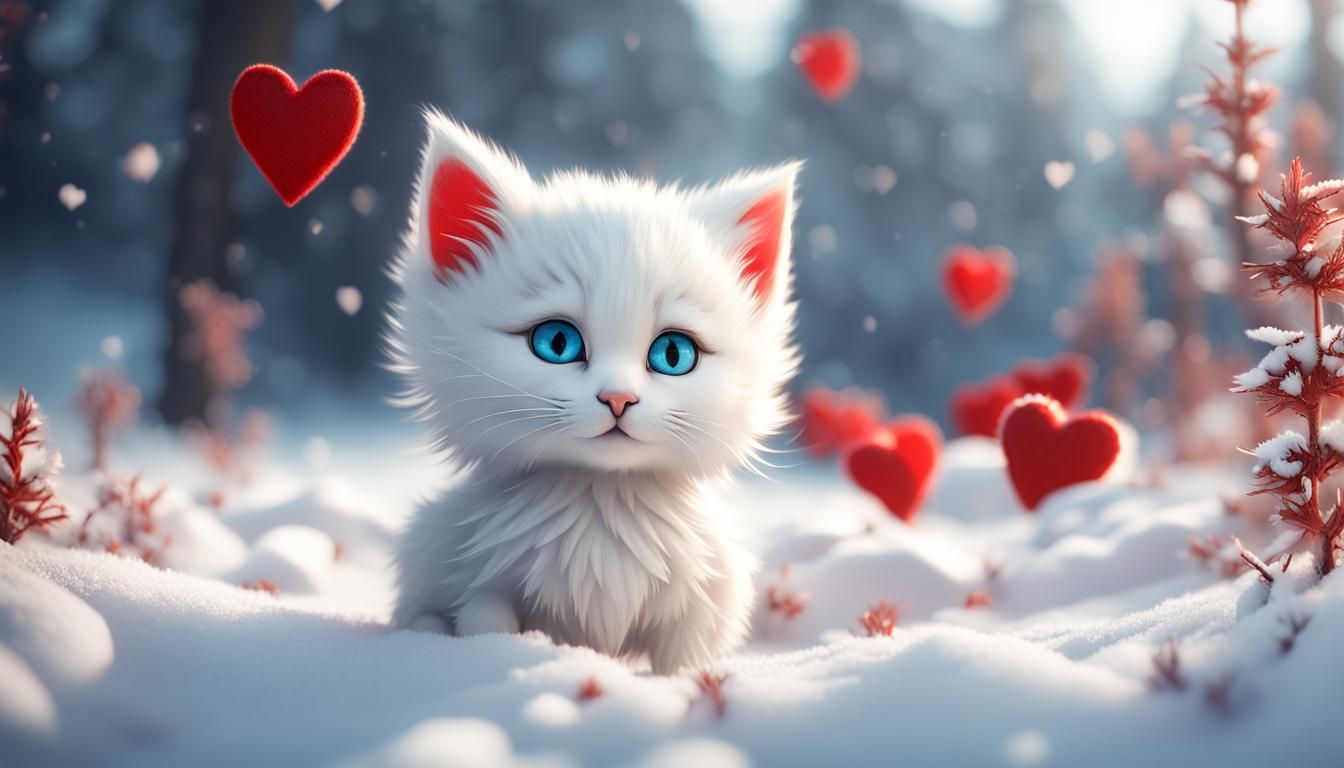 (White fluffy kitten big blue eyes) red bird in the snow hearts 3D Game Cinematic Feel, Epic 3D Videogame Graphics, Intr...