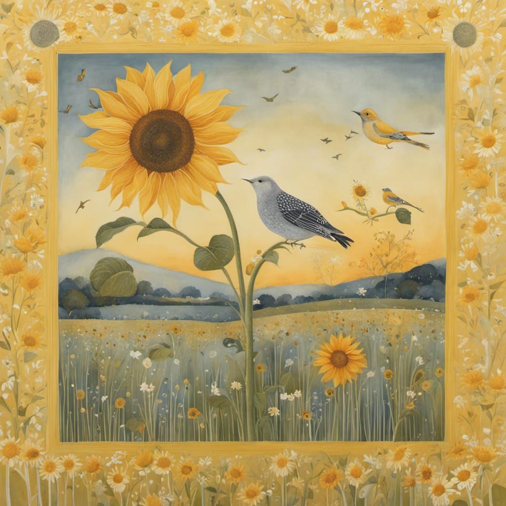 Sunflower and Bird at Sunset: Botanical Art