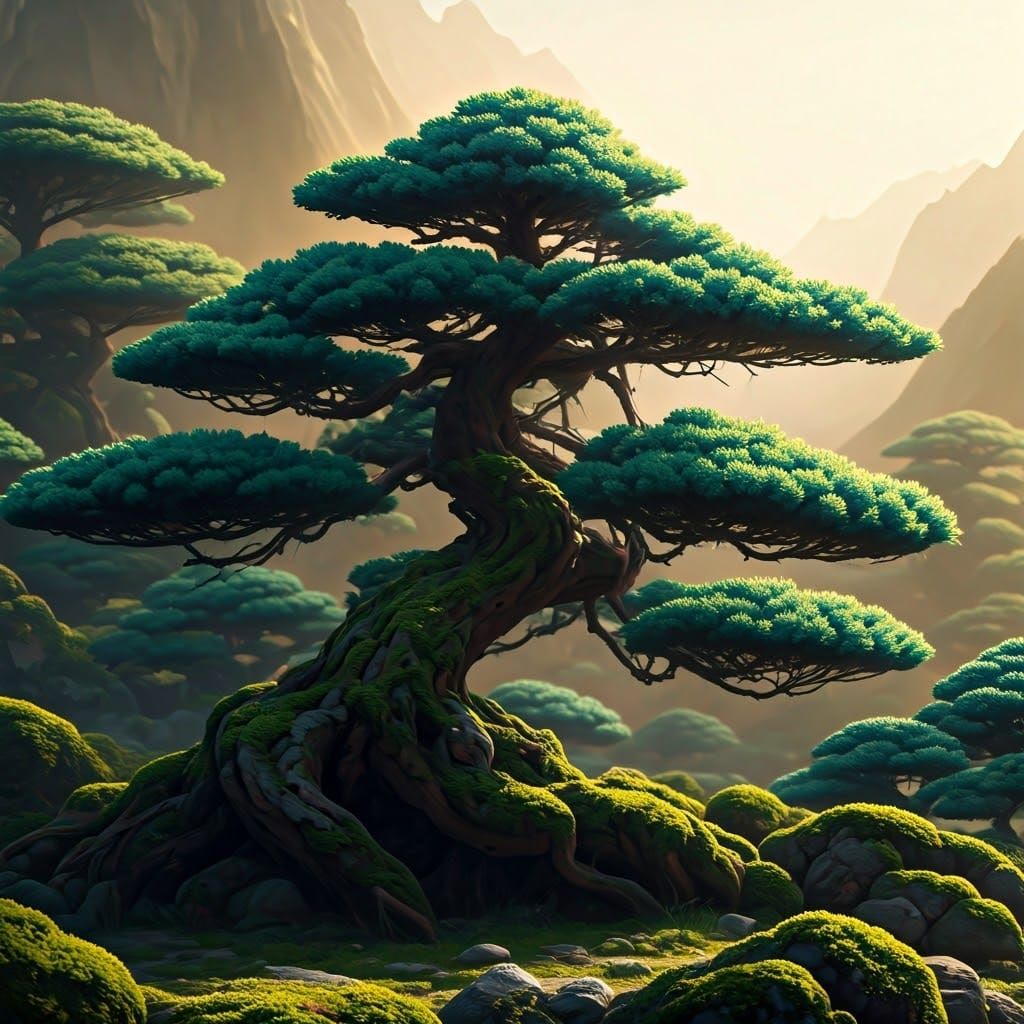 Blue Spruce Bonsai Forest in Japanese Matte Painting