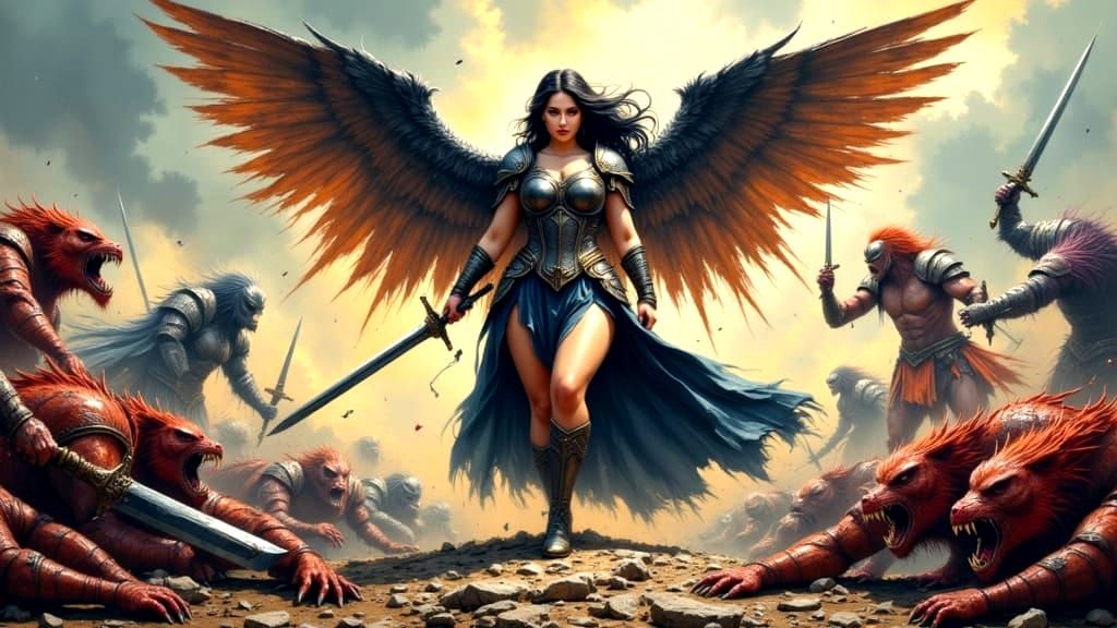 Curvy Valkyrie Warrior on Battlefield in Painterly Style