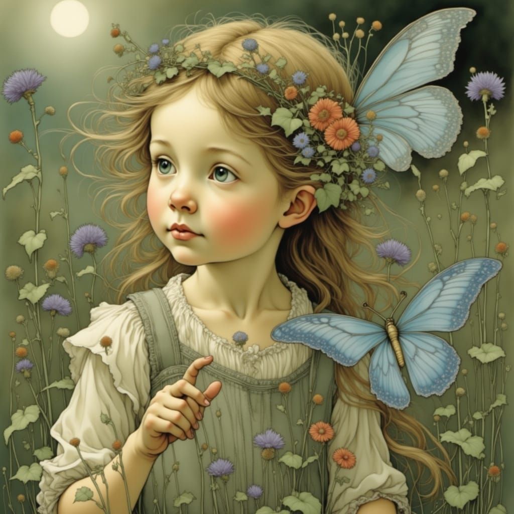 Delicate Floral Wonderland with Fireflies in Whimsical Style