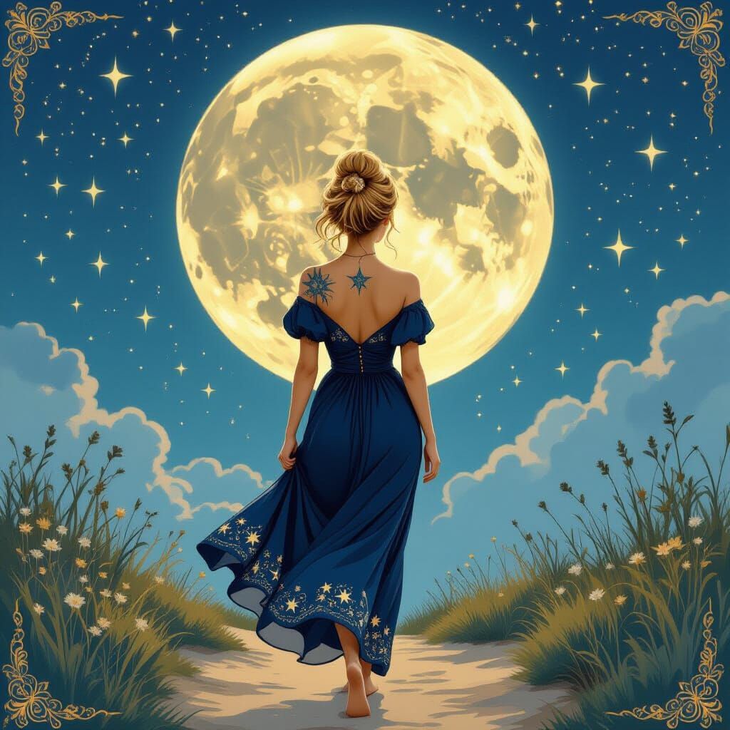 Bohemian Woman Gazing at Moon in Art Nouveau Style