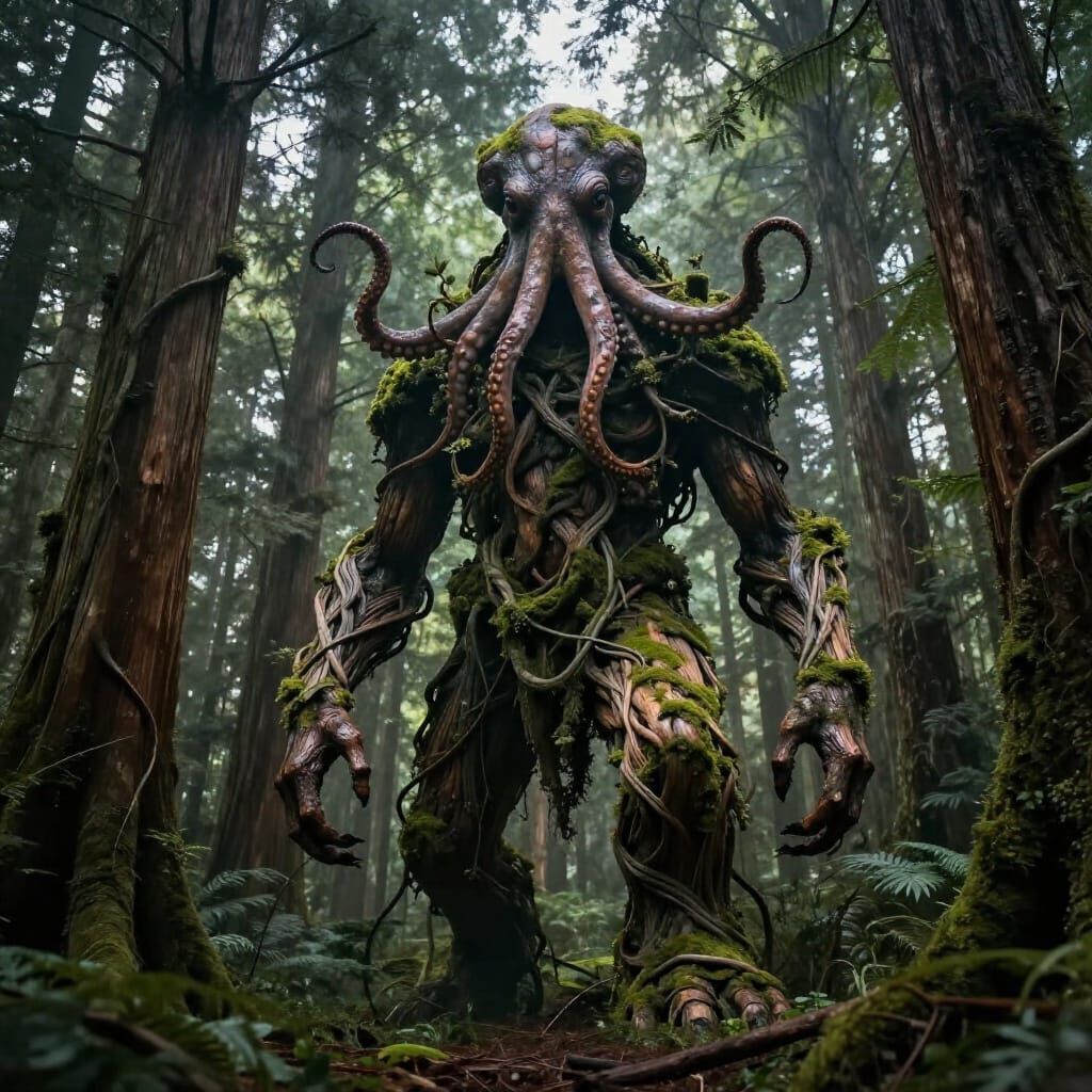 Giant Forest Creature with Octopus Head and Vine Body