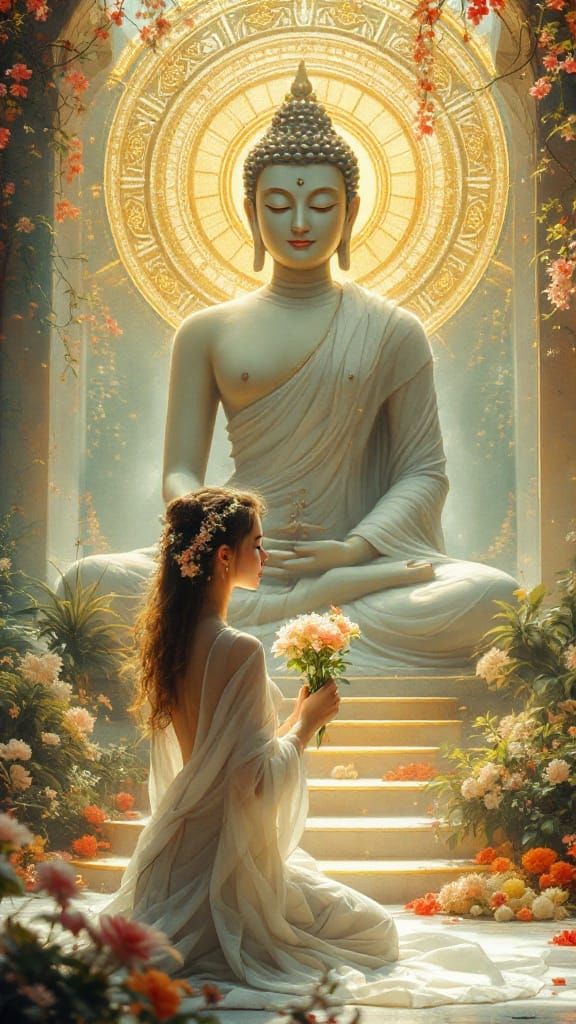 Beautiful Young Indian Woman in White Knelt Before a Buddha ...