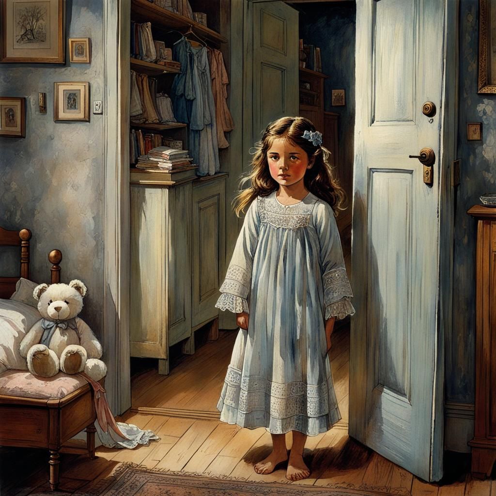 Sleepy Girl with Toy, Intricate Watercolor Art