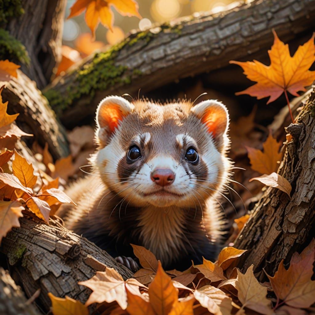 Curious Ferret Playing Peek-a-Boo in Autumn Leaves
