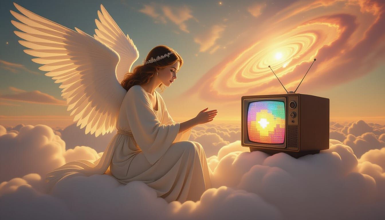 Angel Plays Pixel Game on Cloud in Celestial Scene