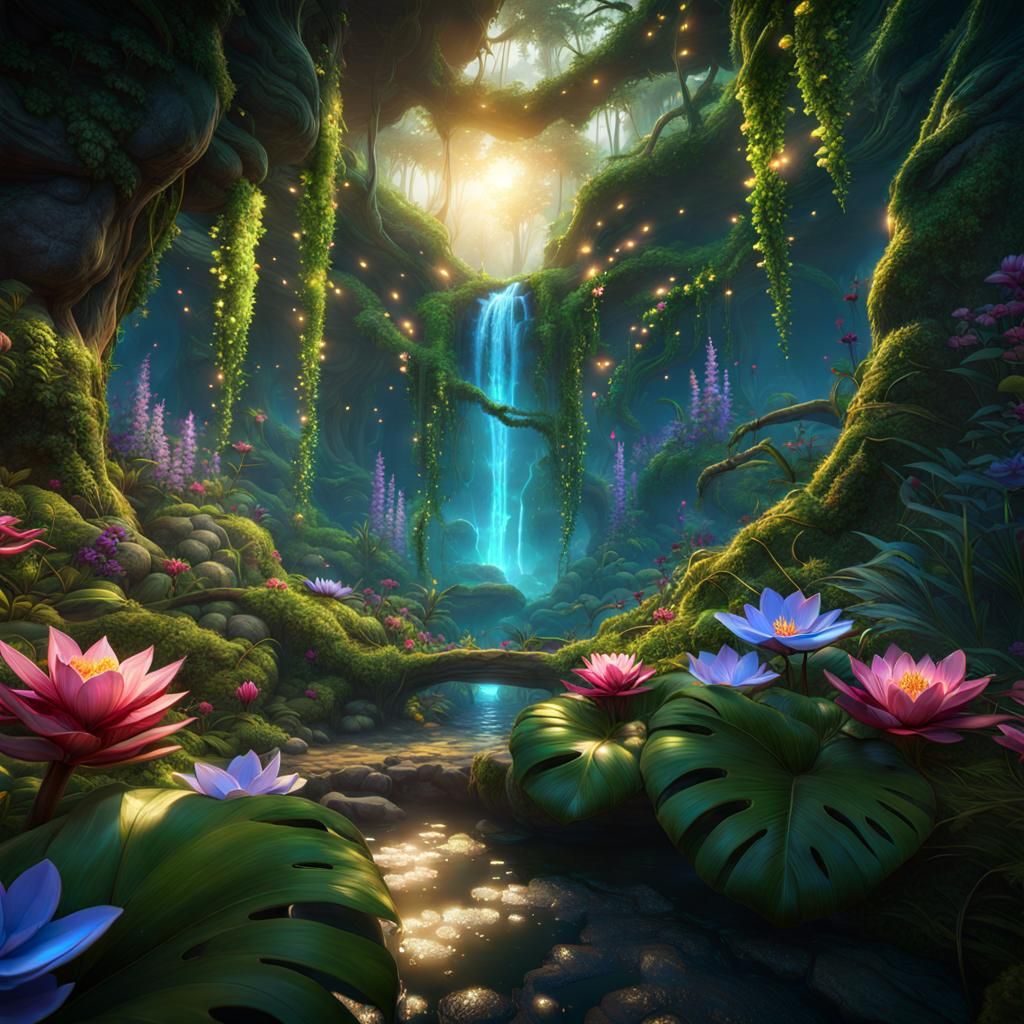 Enchanted Jungle Waterfall with Spiritual Magic