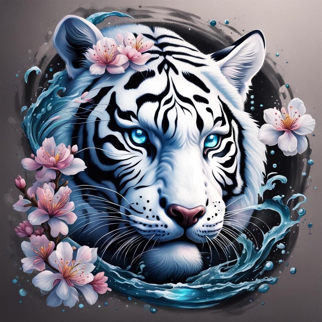 White Tiger and Black Dragon Tattoo in Splash Art Style