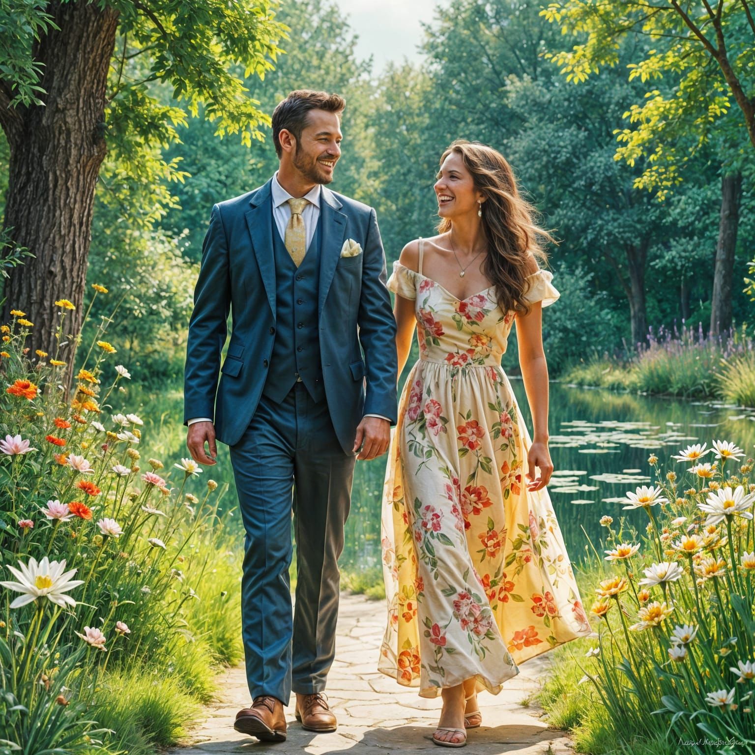 Romantic Garden Stroll in Vibrant Gouache