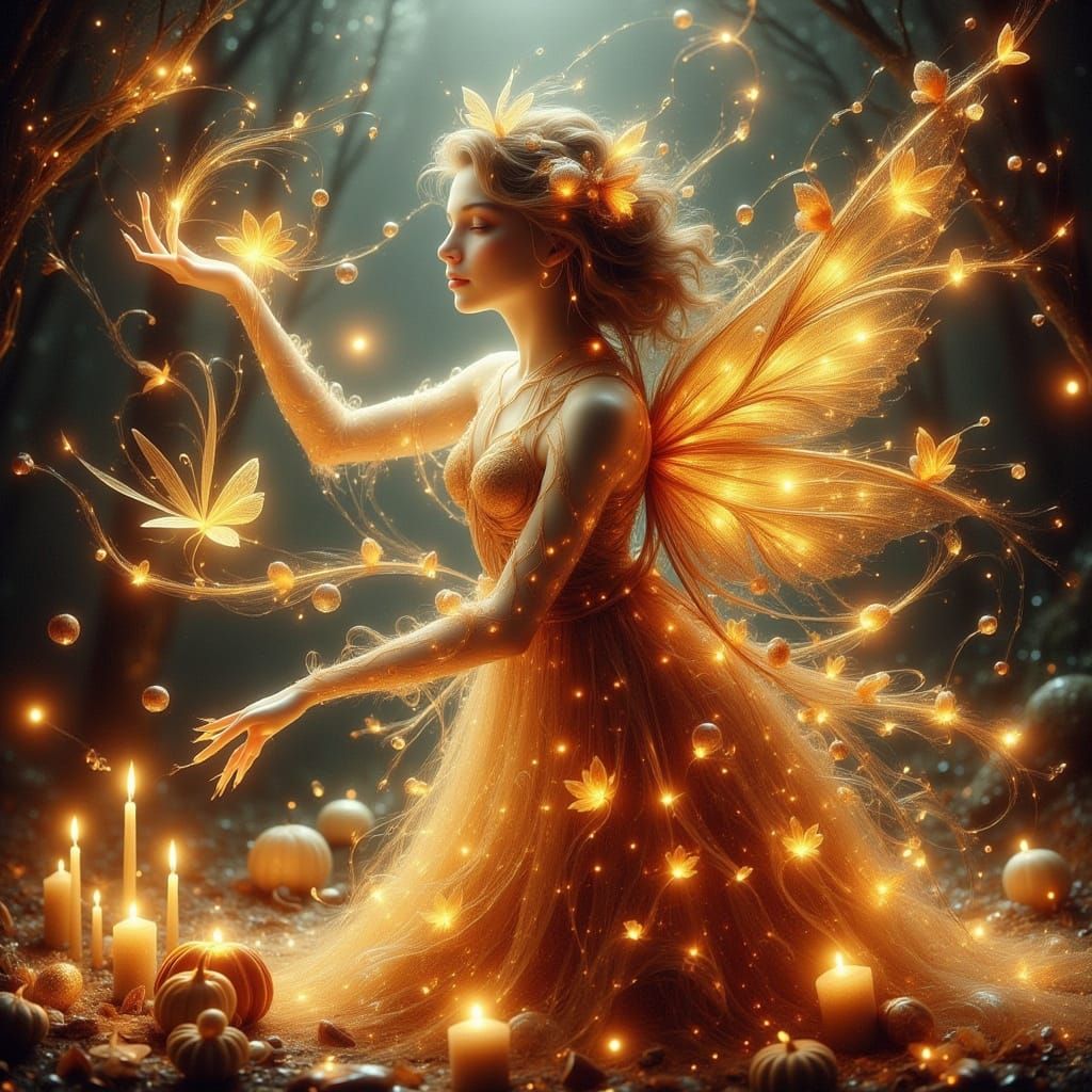 Thanksgiving Fairy Gathering Herbs in a Festive Forest