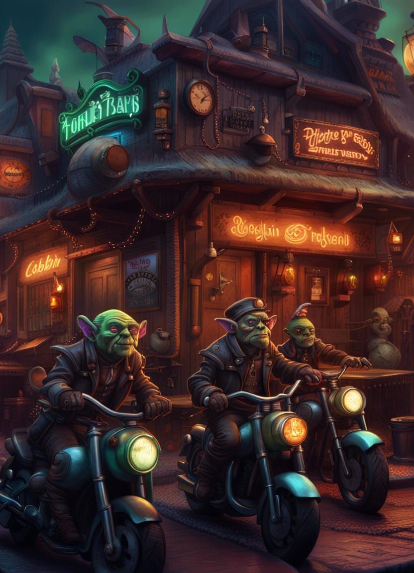 Fantasy Goblin Biker Tavern with Steampunk Motorcycles
