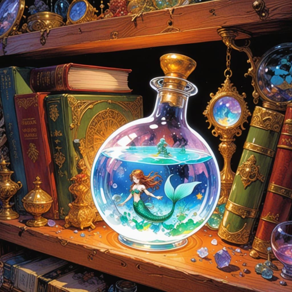 Mermaid Potion Bottle with Spellbooks and Artifacts