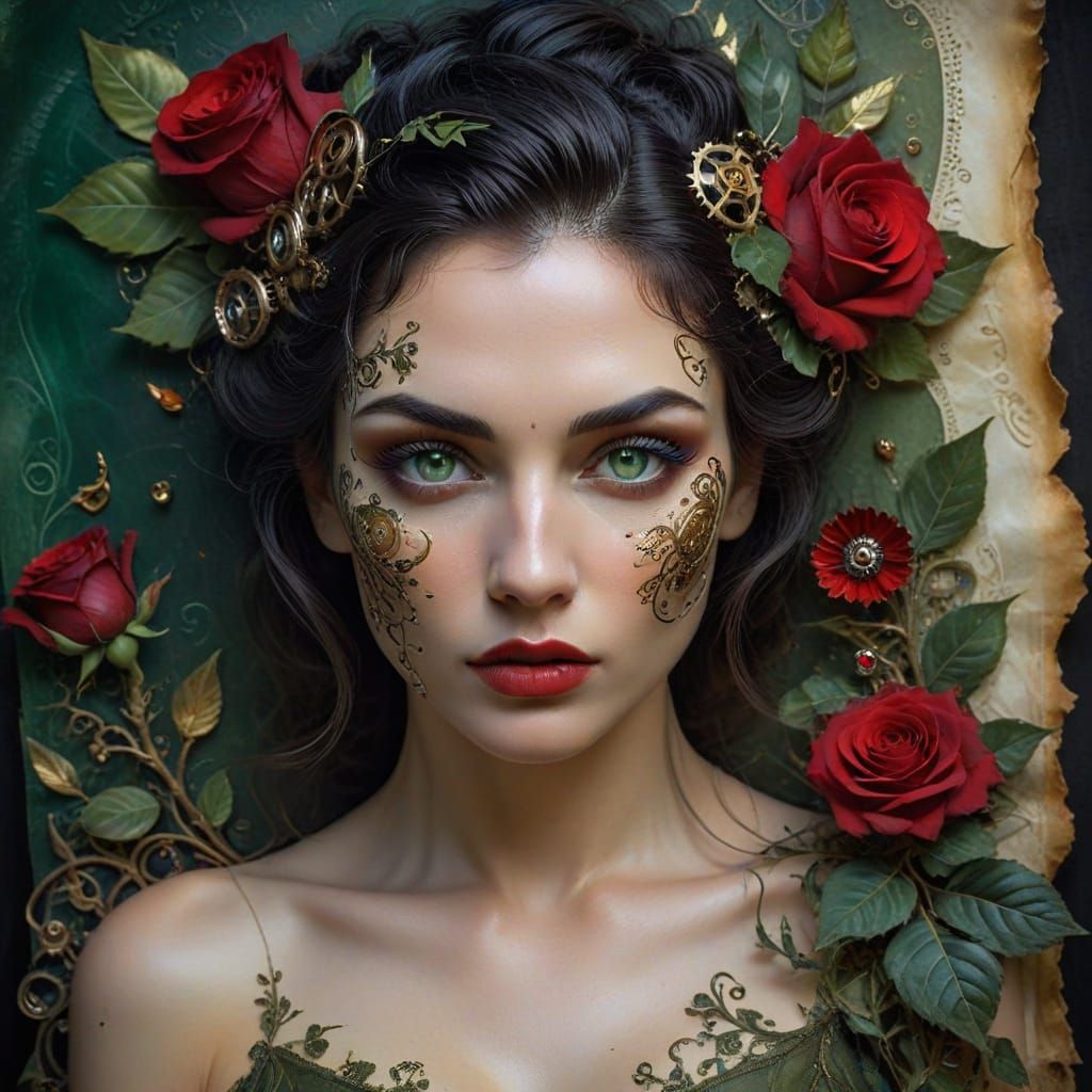 A Mysterious Woman Reveals Herself Amidst Gearwork and Flora...