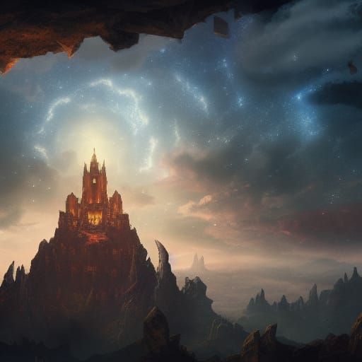 Castle and Ancient Temple Under Starry Sky