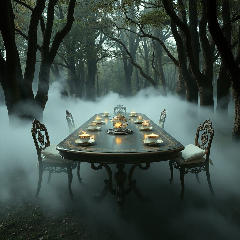 Surreal Forest Banquet with Floating Table and Thinking Hats