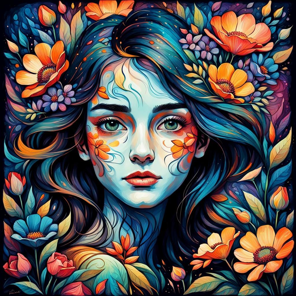 Floral Portrait in Fauvist Style with Vibrant Brushstrokes