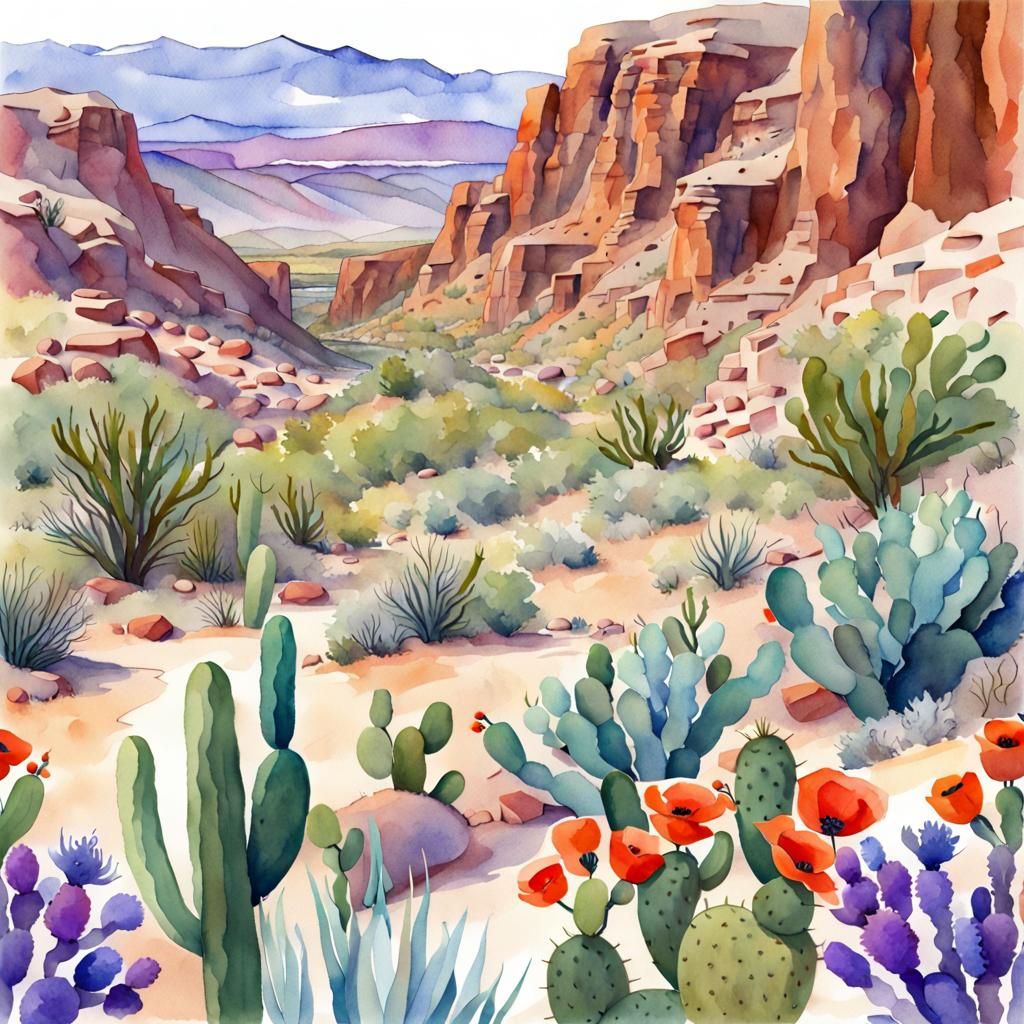 Vibrant Desert Canyon Landscape in Watercolor Style