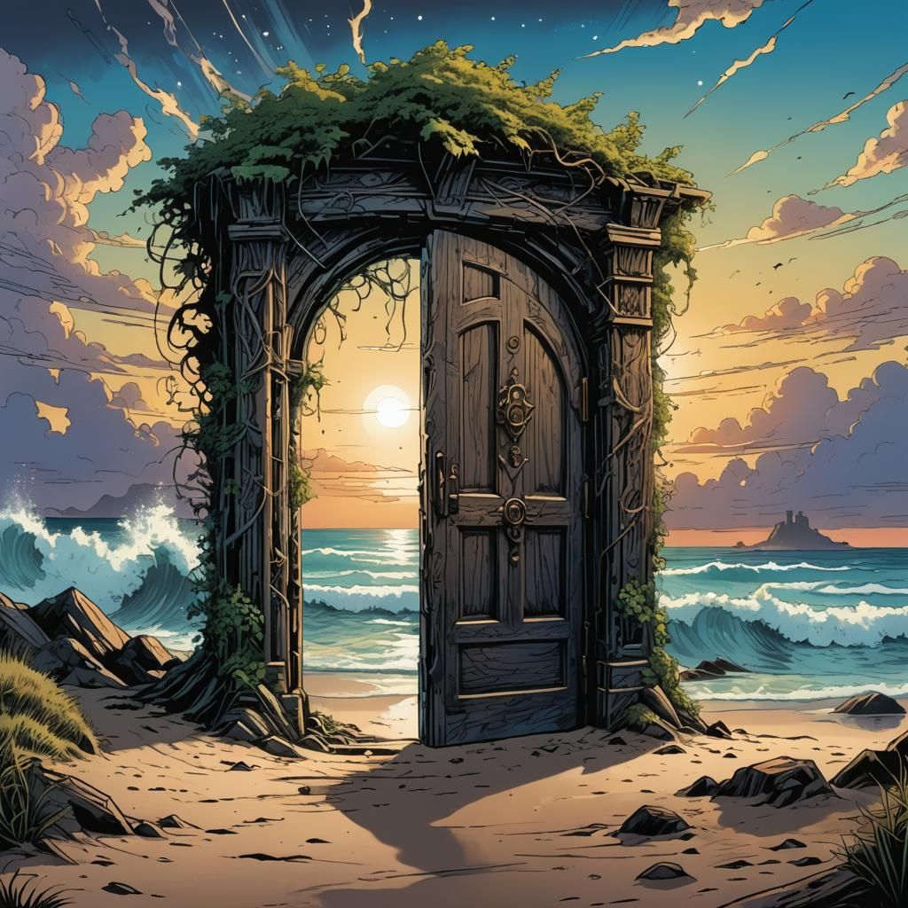 Mystic Doorway on Beach in Comic Book Art Style