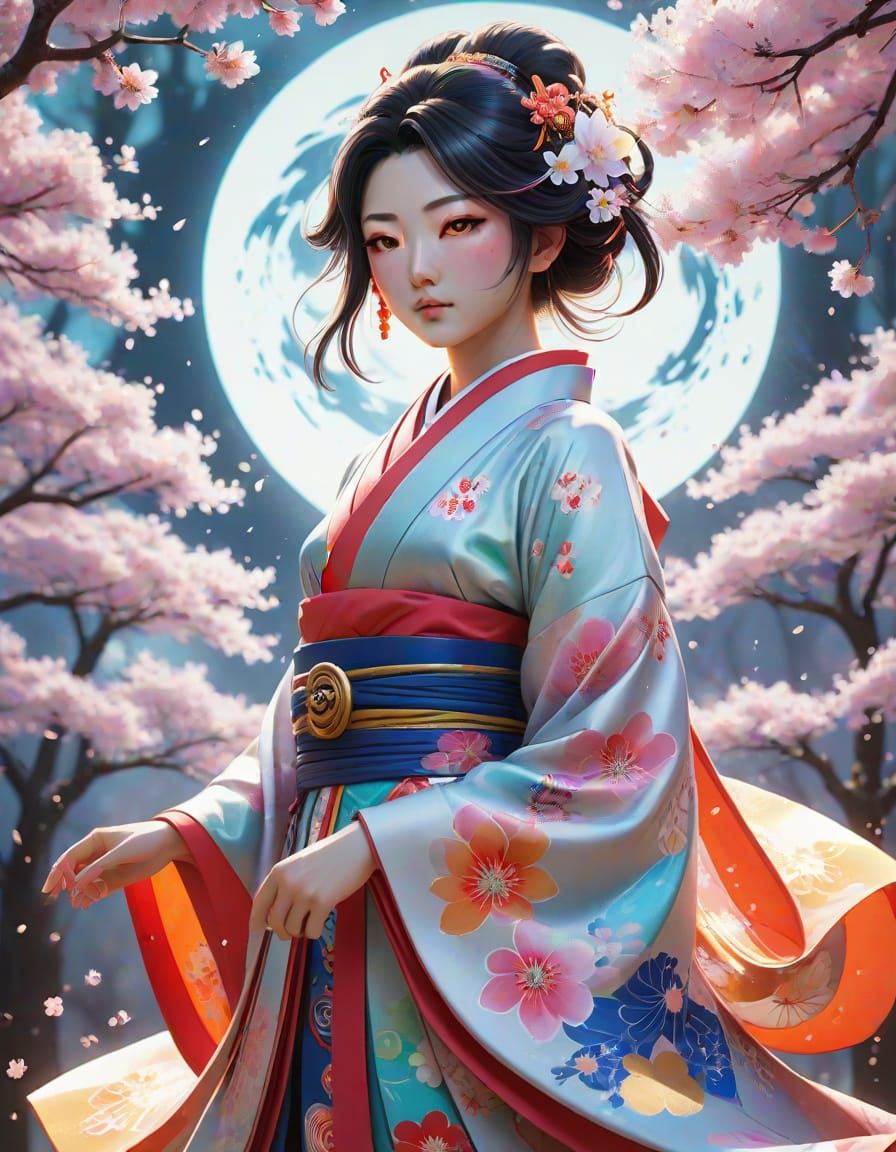 Iridescent Amaterasu Goddess Amidst Cherry Blossom Vortex