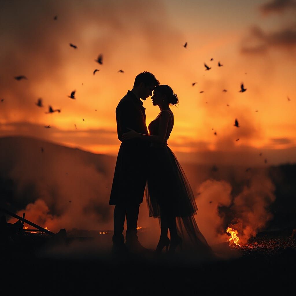 Ghostly Couple Embraces in War-Torn Landscape