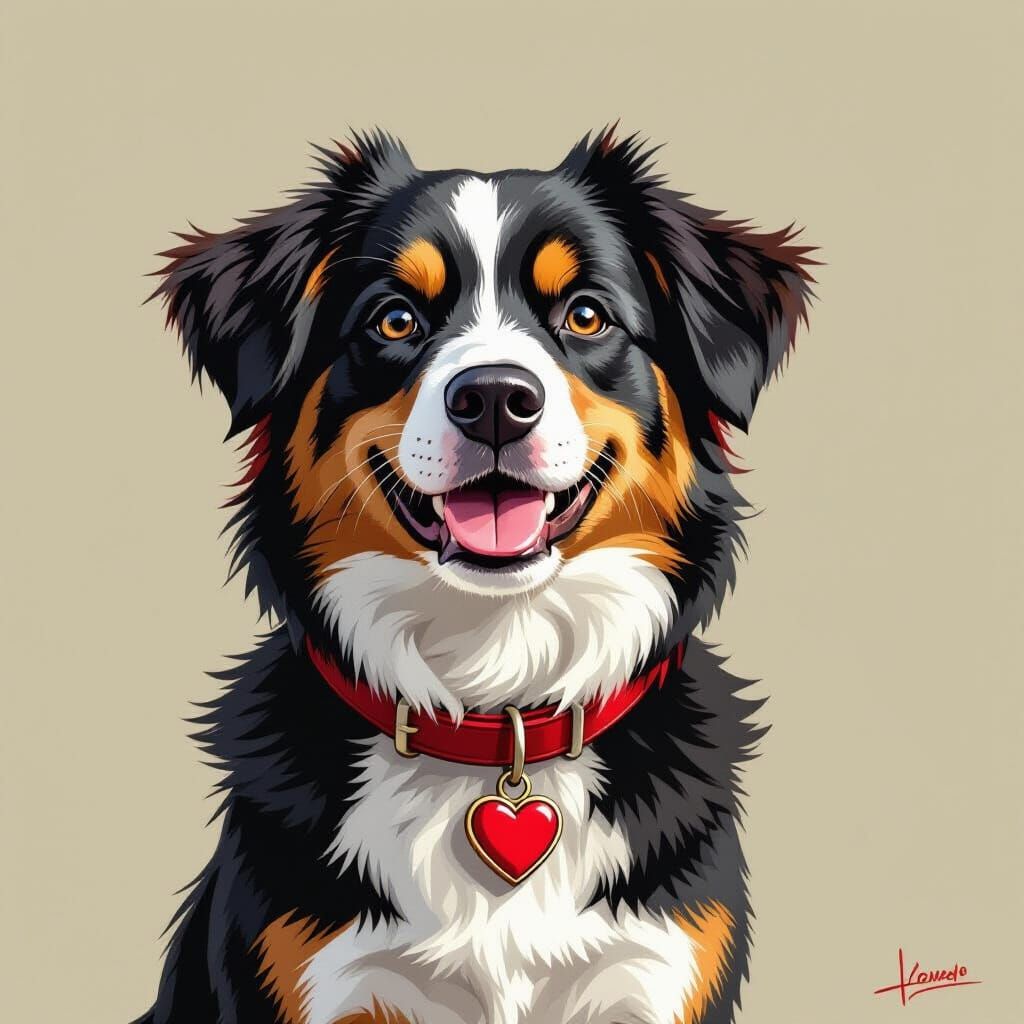 Black and White Dog with Red Collar, Digital Art