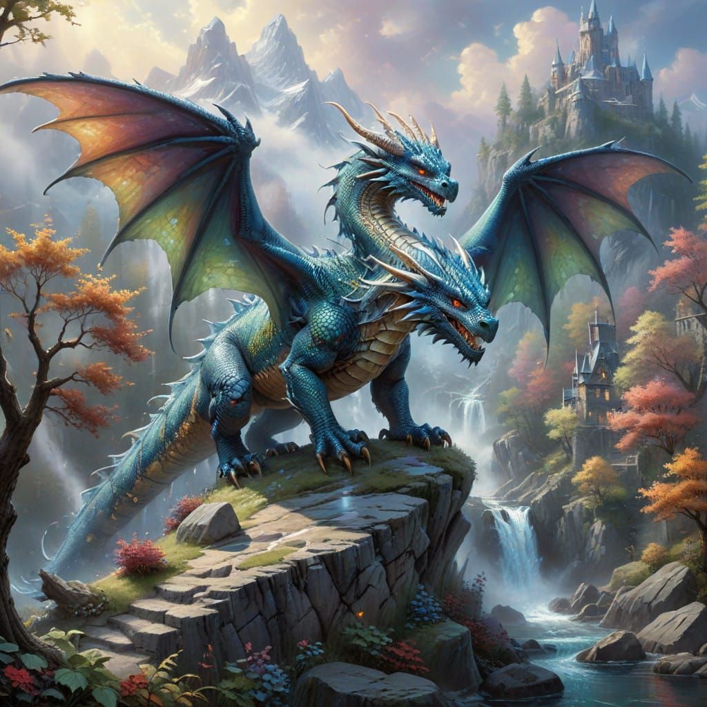 Ethereal Fantasy Dragon with Multicolored Scales and Glowing...