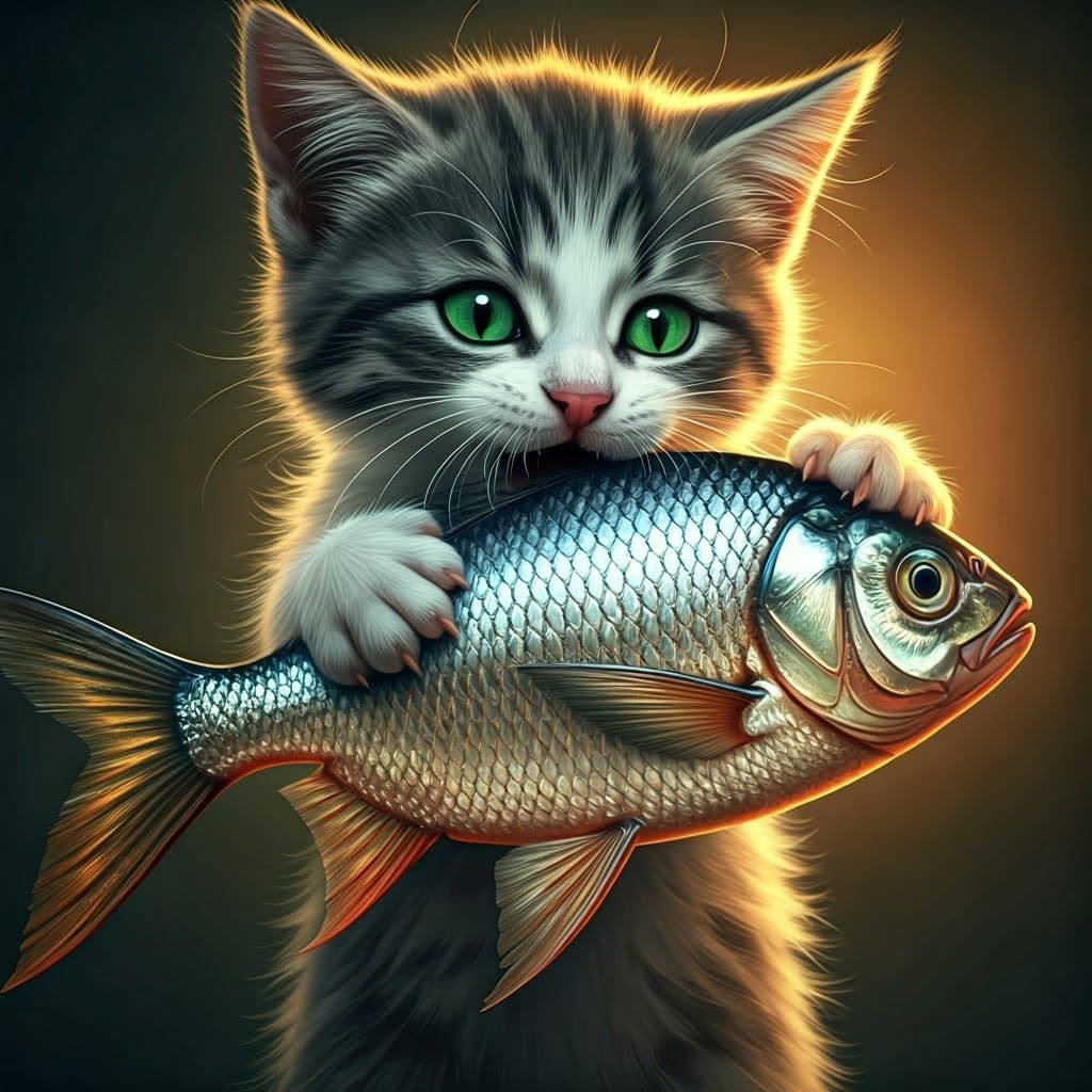 Kitten Tries to Take a Bite of a Massive Fish in Hyperrealis...