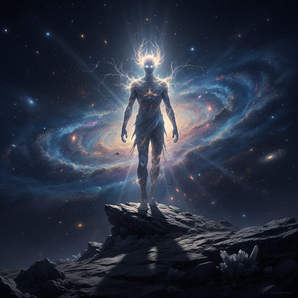 Ancient God Overlooking Cosmic Nebula in Hyperrealistic Styl...