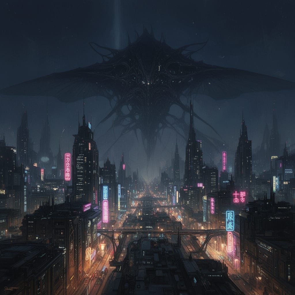 Cyberpunk City Under Alien Mothership Shadow