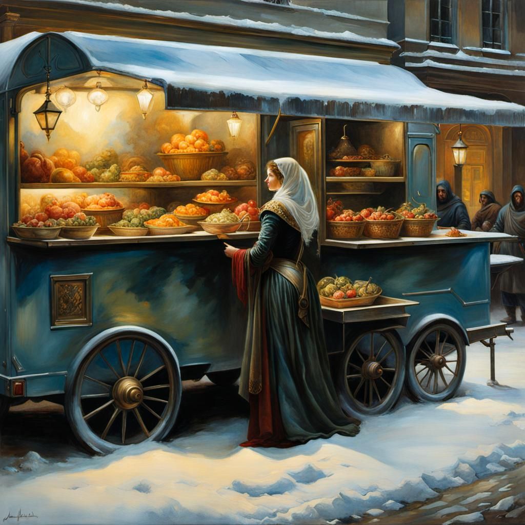 Futuristic Food Truck in Medieval Watercolor Street