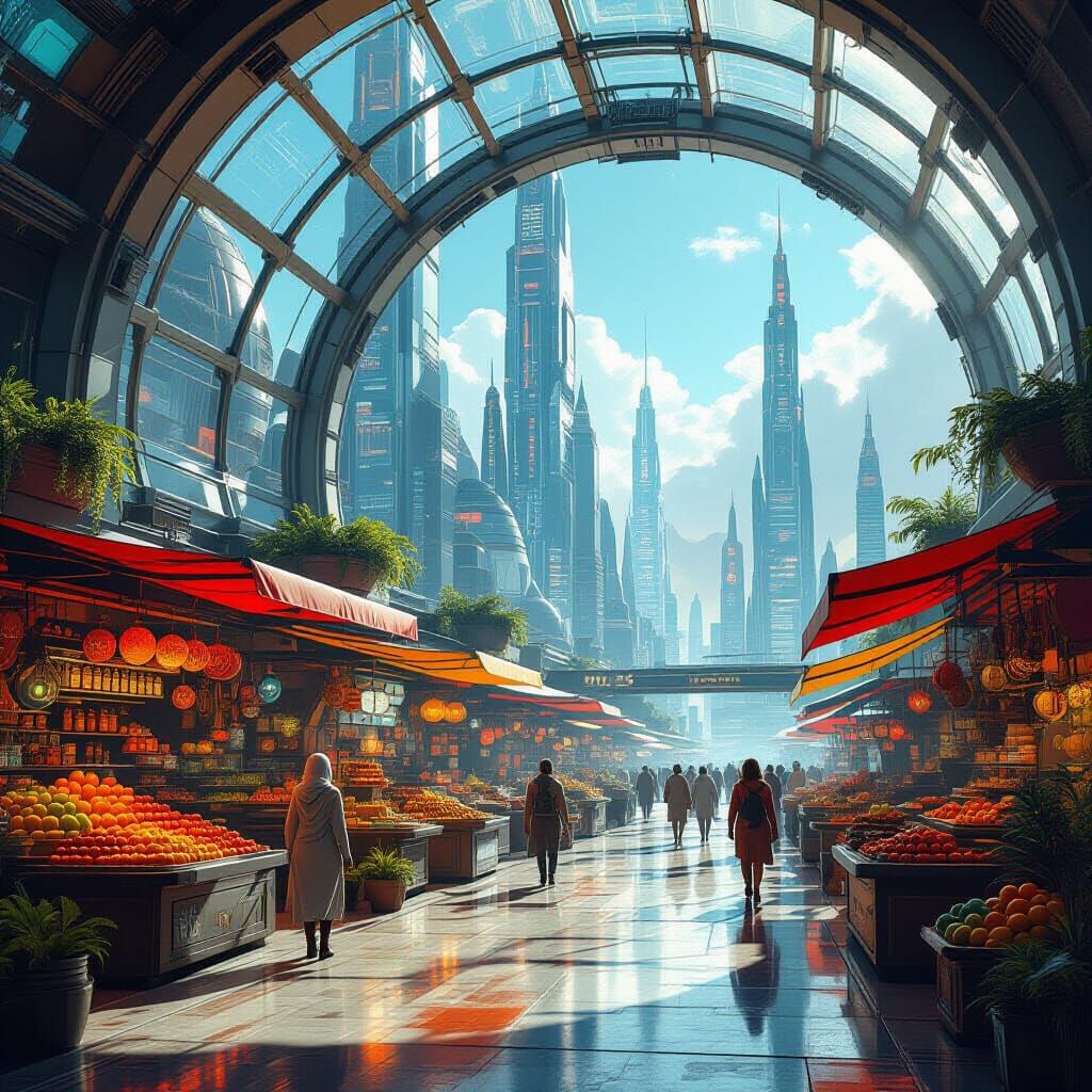 Martian Bioluminescent Bazaar in Vibrant Sci-Fi Style