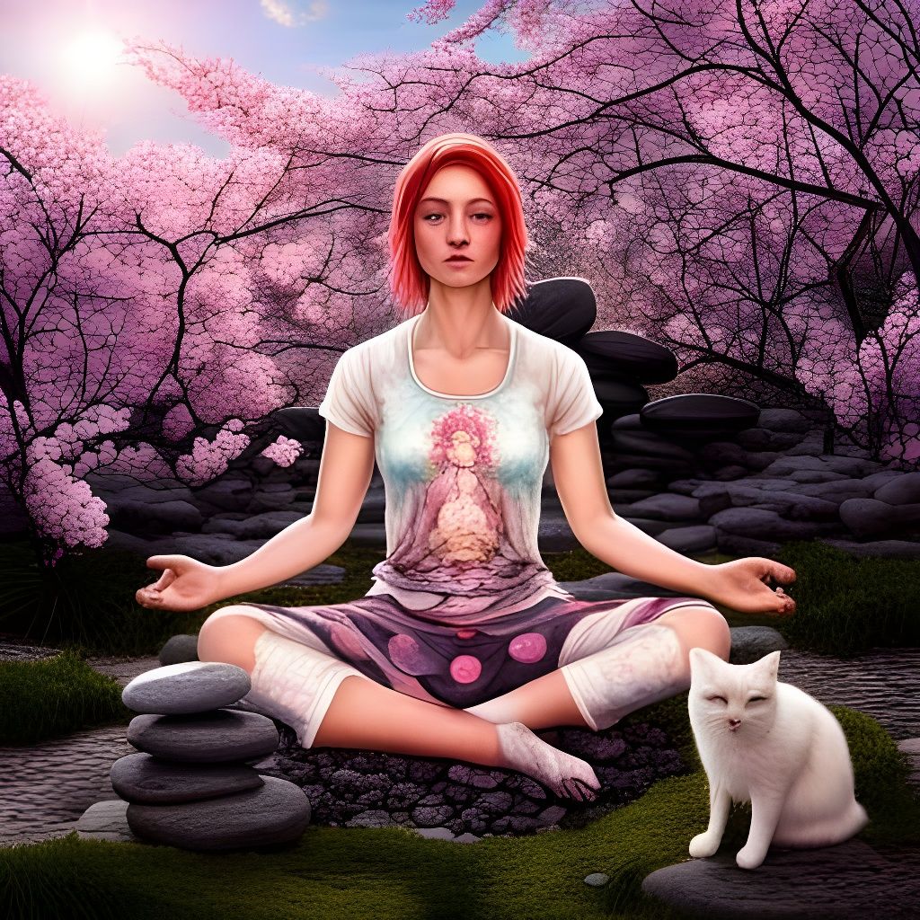 Meditating with my cat in a zen garden