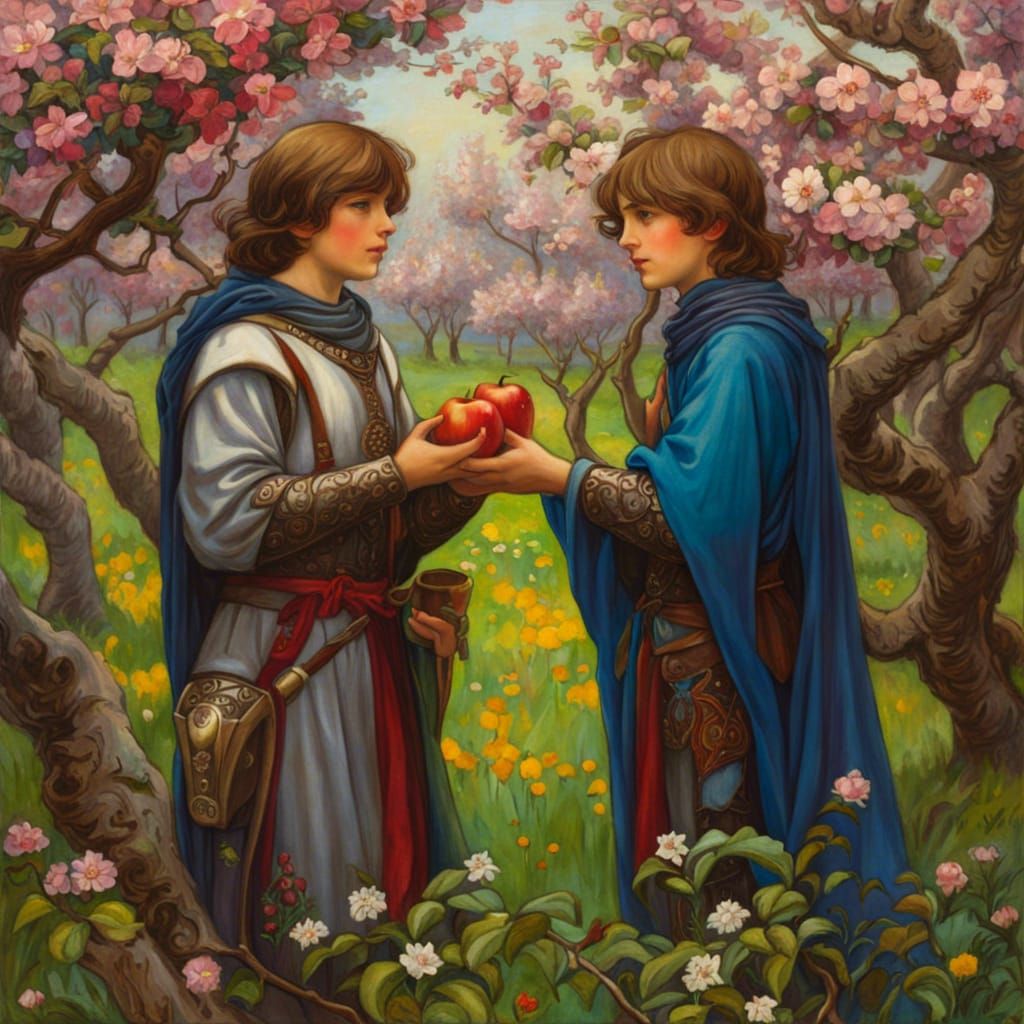 Medieval Brothers in Blossoming Orchard: Waterhouse Style