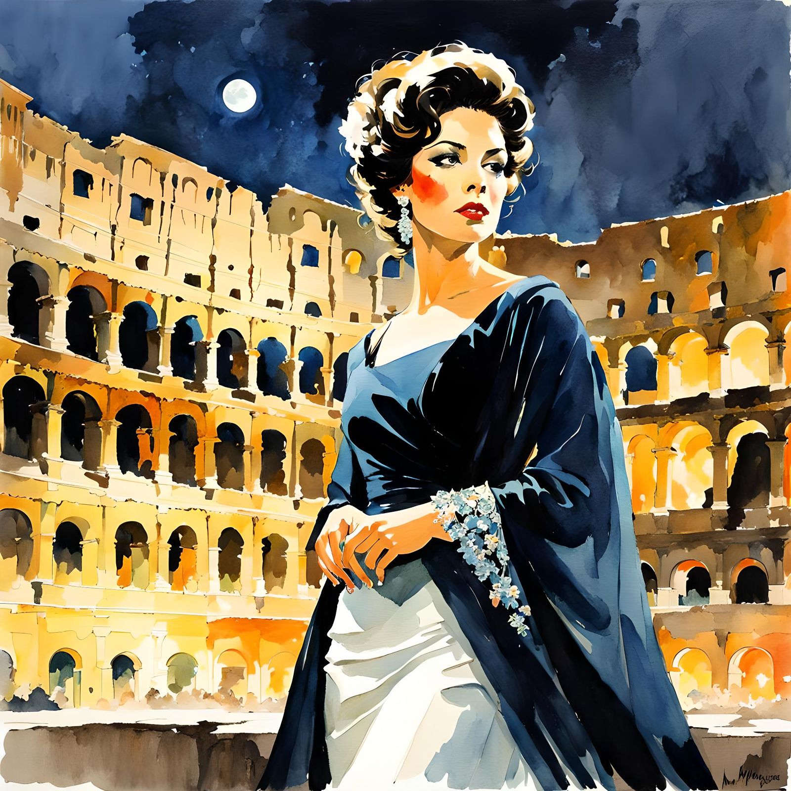 Opera Singer in Coliseum: Watercolor Night Portrait