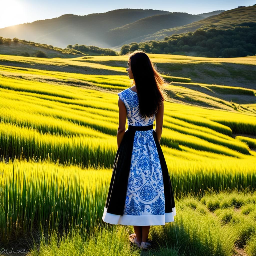 Beautiful Thai Girl in Traditional Dress in Golden Field