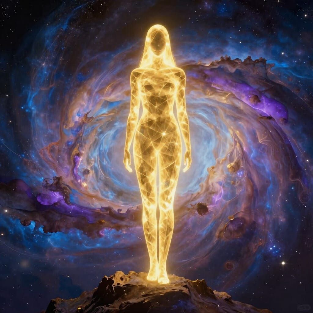 Ethereal Golden Figure in Cosmic Nebula