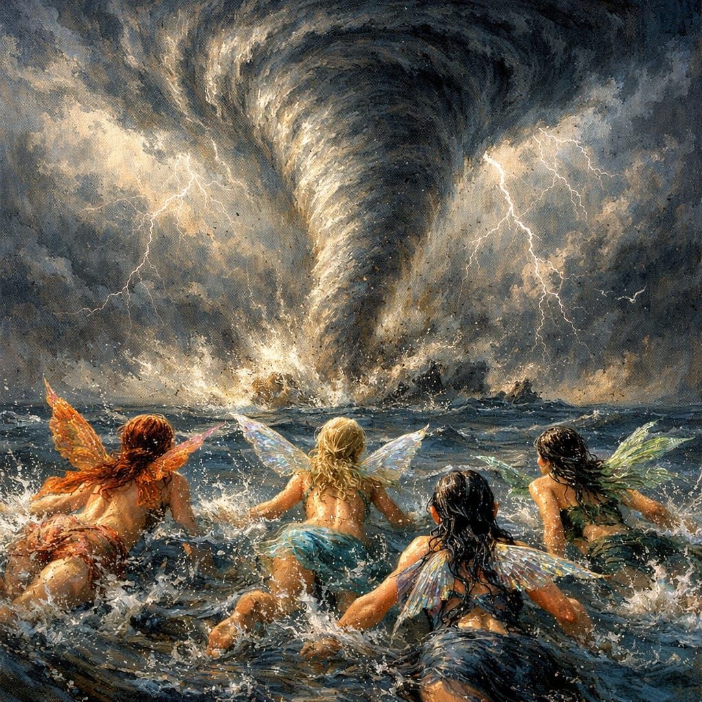 Fairies Confronting a Tornado in Painterly Realism