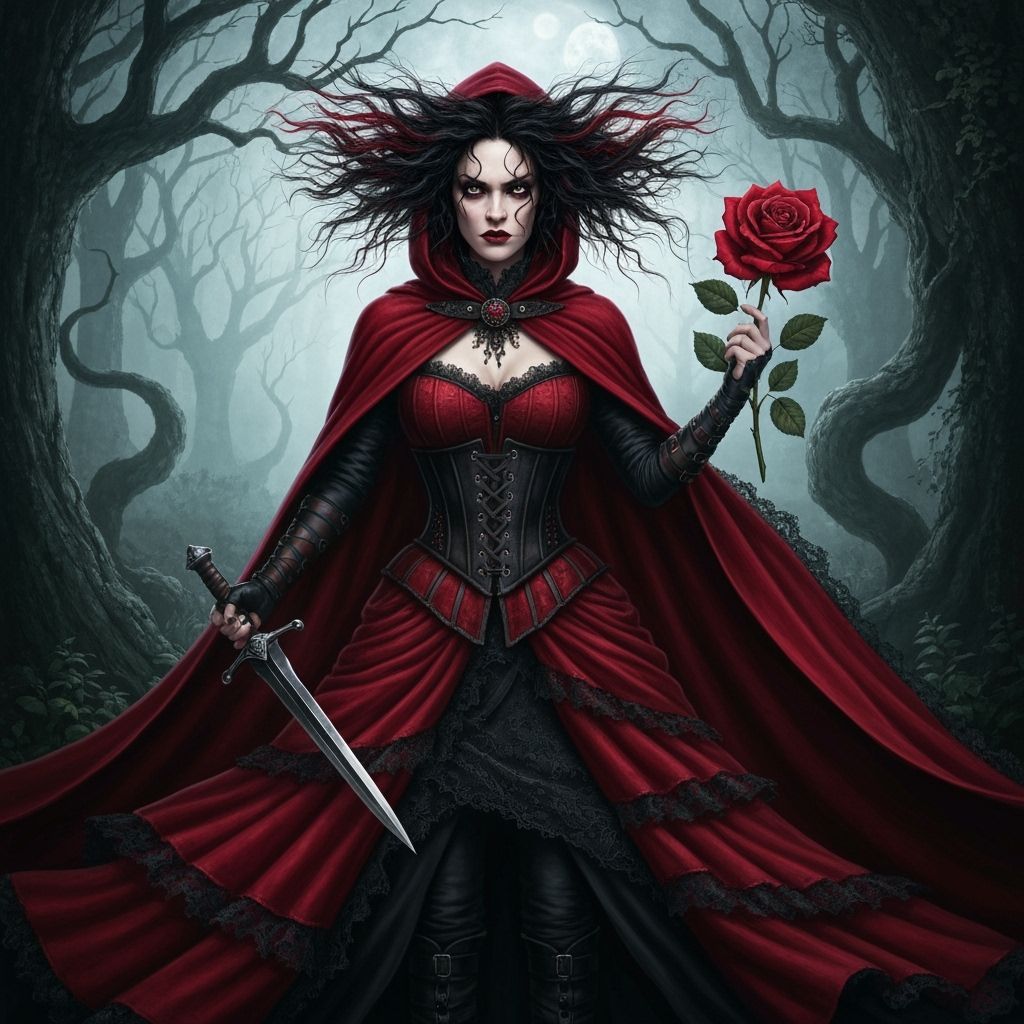 Gothic Huntress Little Red Riding Hood in Shadowed Forest