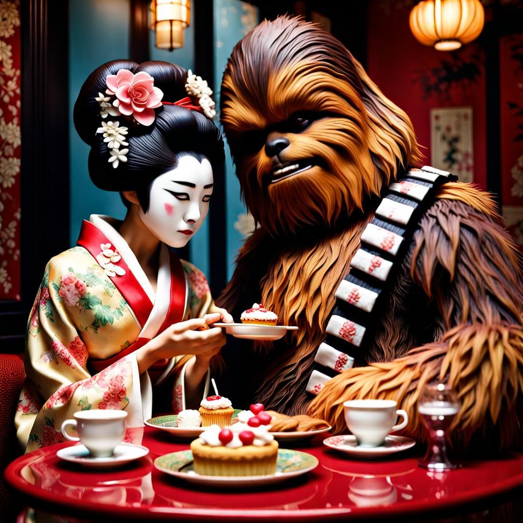 Geisha and Chewbacca Share Cake in Paris