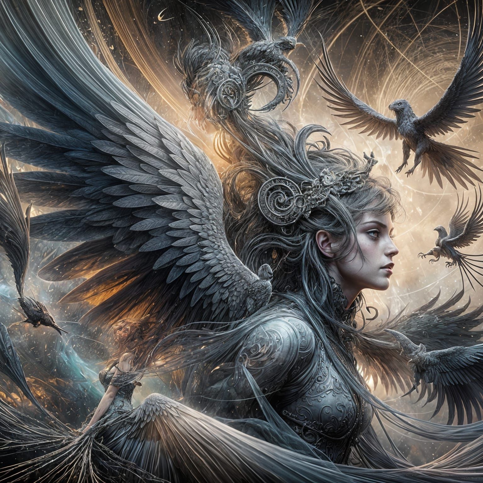 Gothic Fairy Battles Wind in Art Nouveau Style