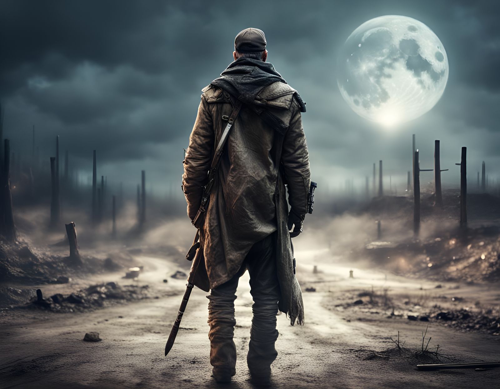 Post-Apocalyptic Man Walks in Moonlit Landscape