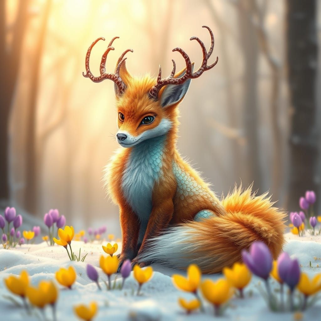 Fantastical Dragon-Fox Sits Amidst Winter Wonderland