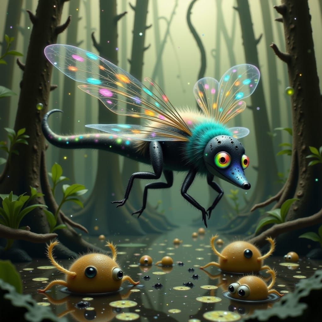 Fluffy Alligator-Dragonfly Hybrid in Dreamlike Swamp Scene