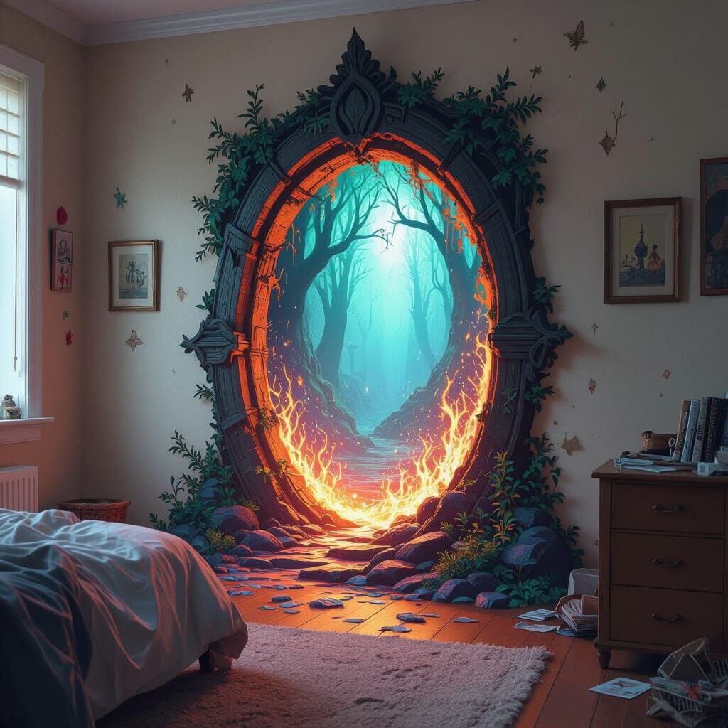 Mythical Forest Portal in Messy Bedroom: Fantasy Concept Art