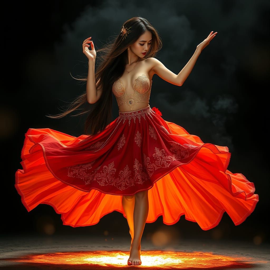 Vietnamese Woman Dancing with Roses on Glowing Light