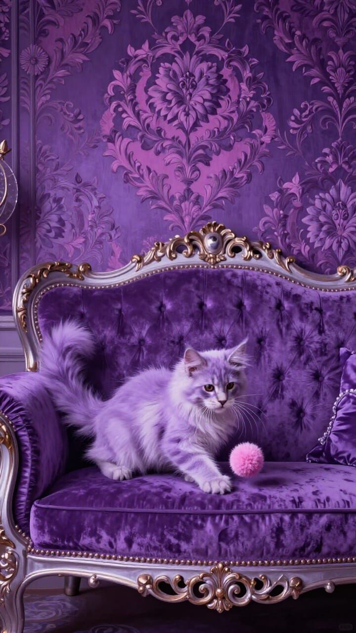 Opulent Violet Baroque Interior with Kitten