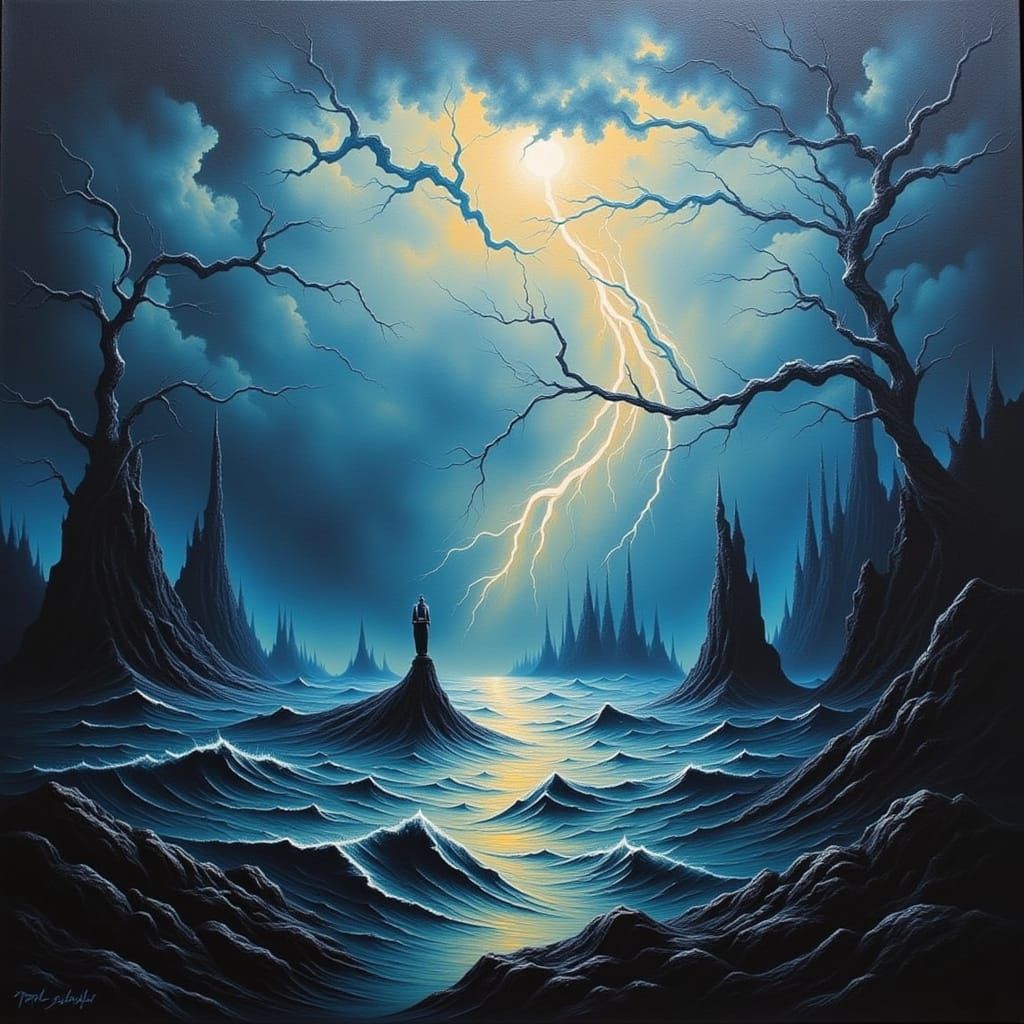 Surreal Seascape Storm with Lightning in Surrealism Style