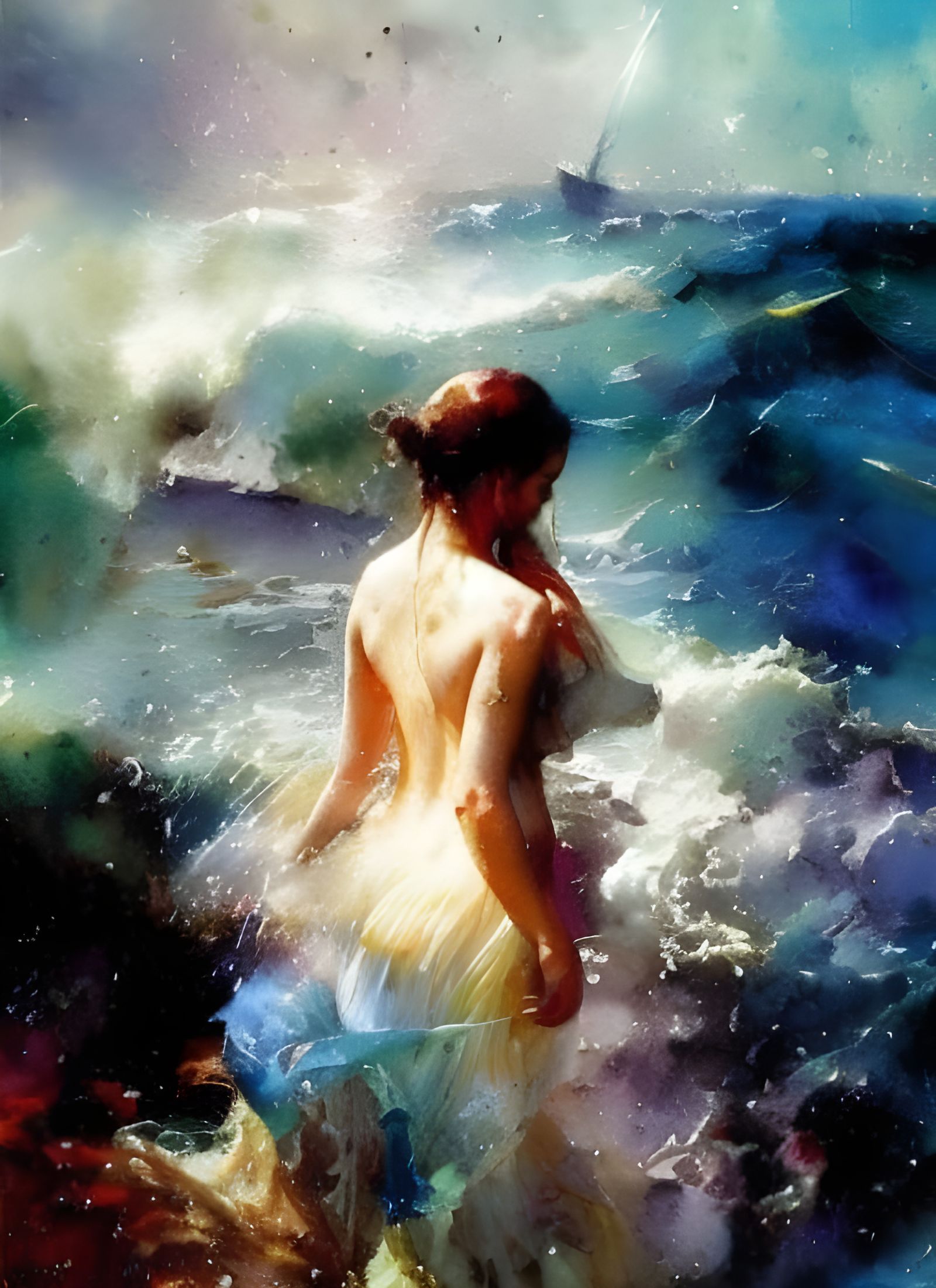 Mysterious Ocean Watercolor in Impressionist Style