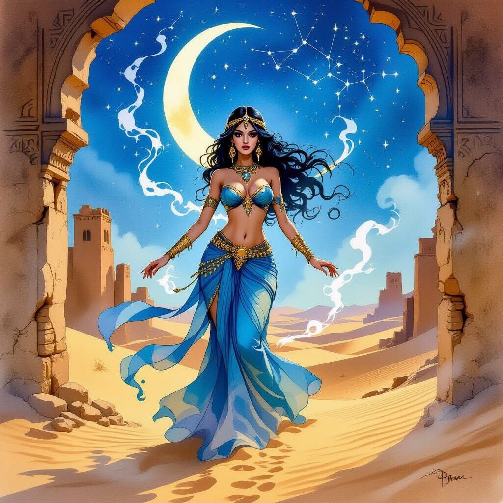 Moonlit Jinn Materializes in Ancient Desert Ruins